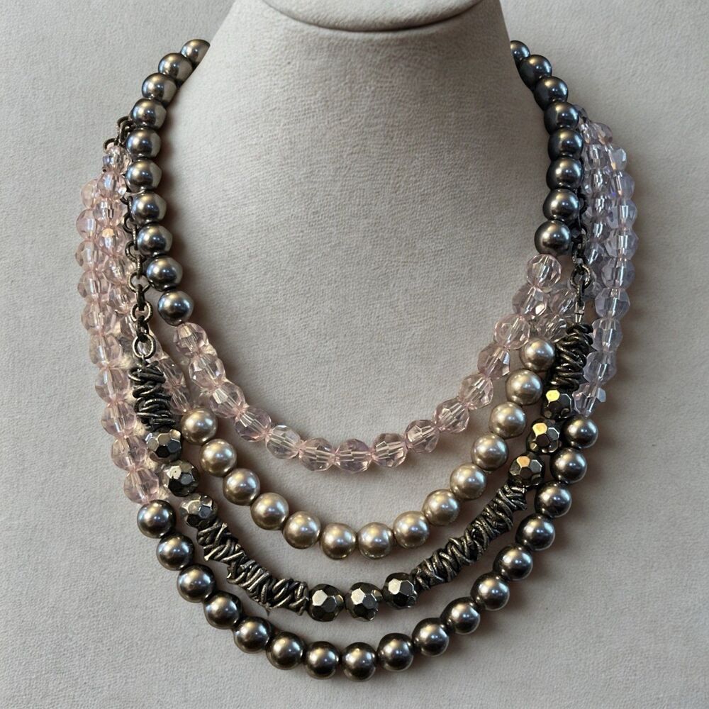 Loft Multi Strand Layered Necklace Silver Pink Mixed Material Bib Necklace